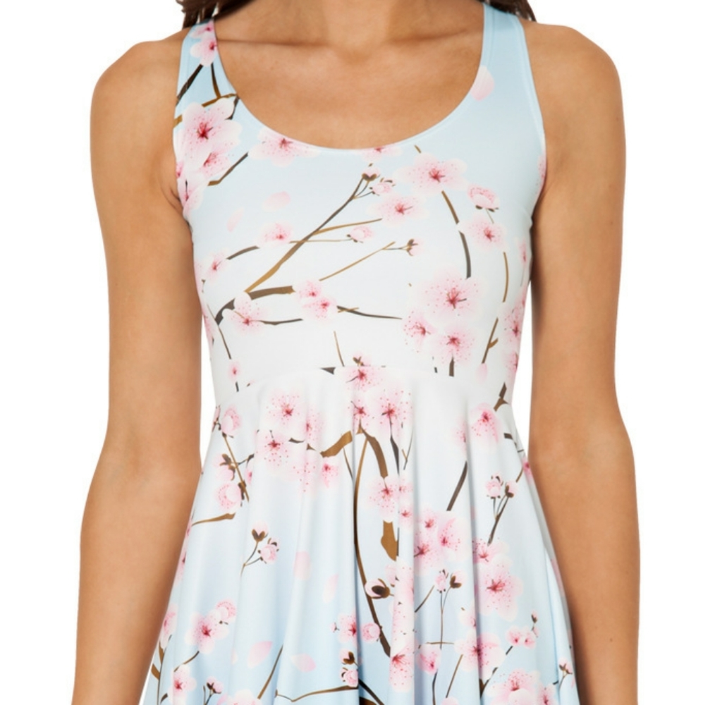 S Blackmilk Blue Pink Cherry Blossom Skater Dress